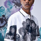 Mens floral polo shirt by Stylera in white with large black and gray flower prints