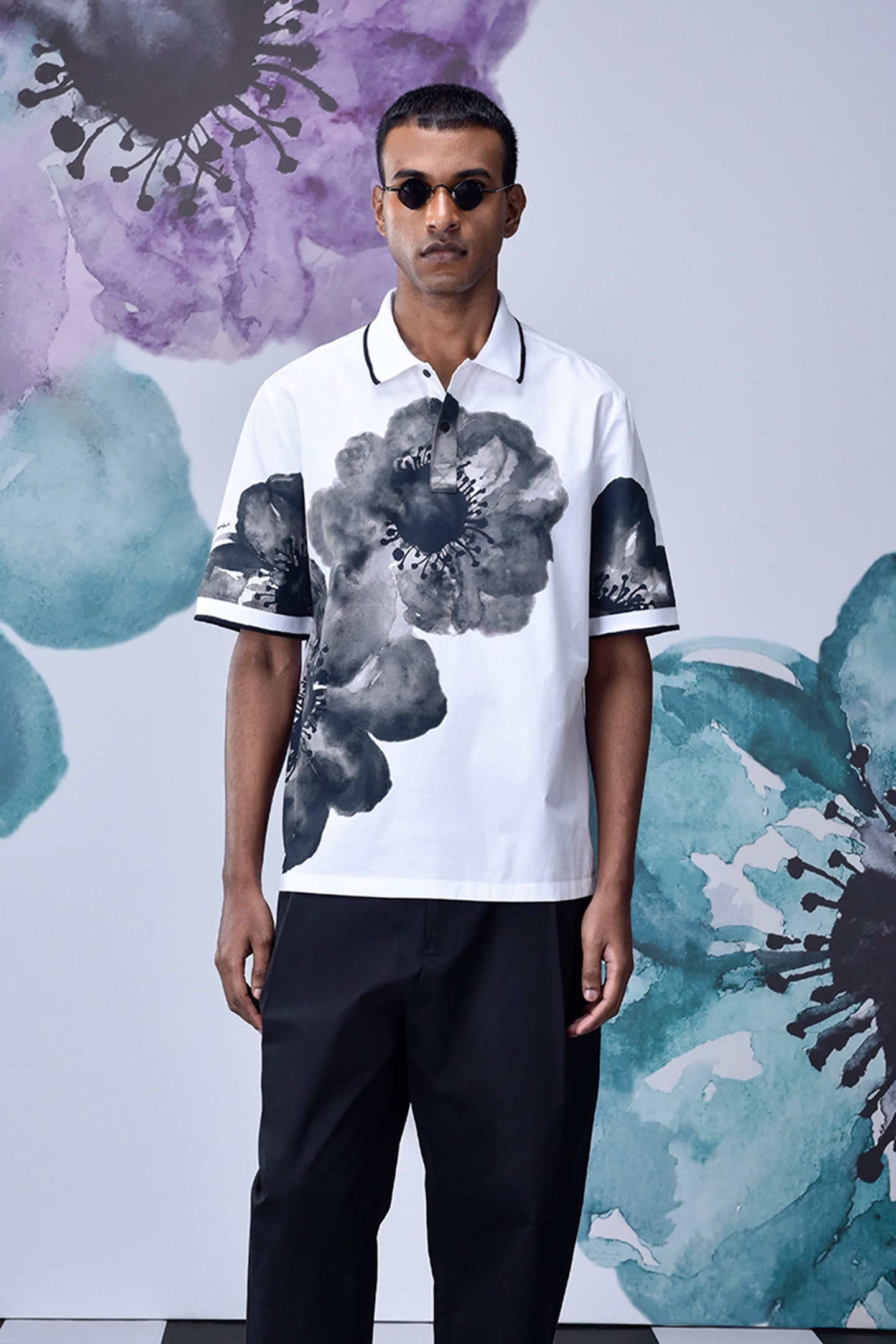 Stylera mens floral polo shirt with black and white large flower print