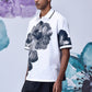 Mens floral polo shirt by Stylera with black and white large floral prints