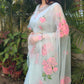 Elegant designer party wear organza saree adorned with floral embroidery for festive occasions