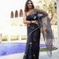 Elegant designer party wear saree for women with floral patterns and a sheer pallu, perfect for special occasions