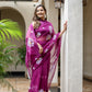 Elegant designer party wear saree for women in vibrant purple with floral embroidery details