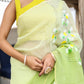 Elegant Stylera designer party wear saree in light green with floral embroidery and matching accessories