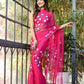Elegant pink designer saree for special occasions with floral embroidery and matching drape