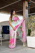 Elegant designer saree for women in light green with vibrant pink floral patterns