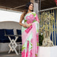 Elegant designer saree for women featuring large floral prints in pink and mint green colors