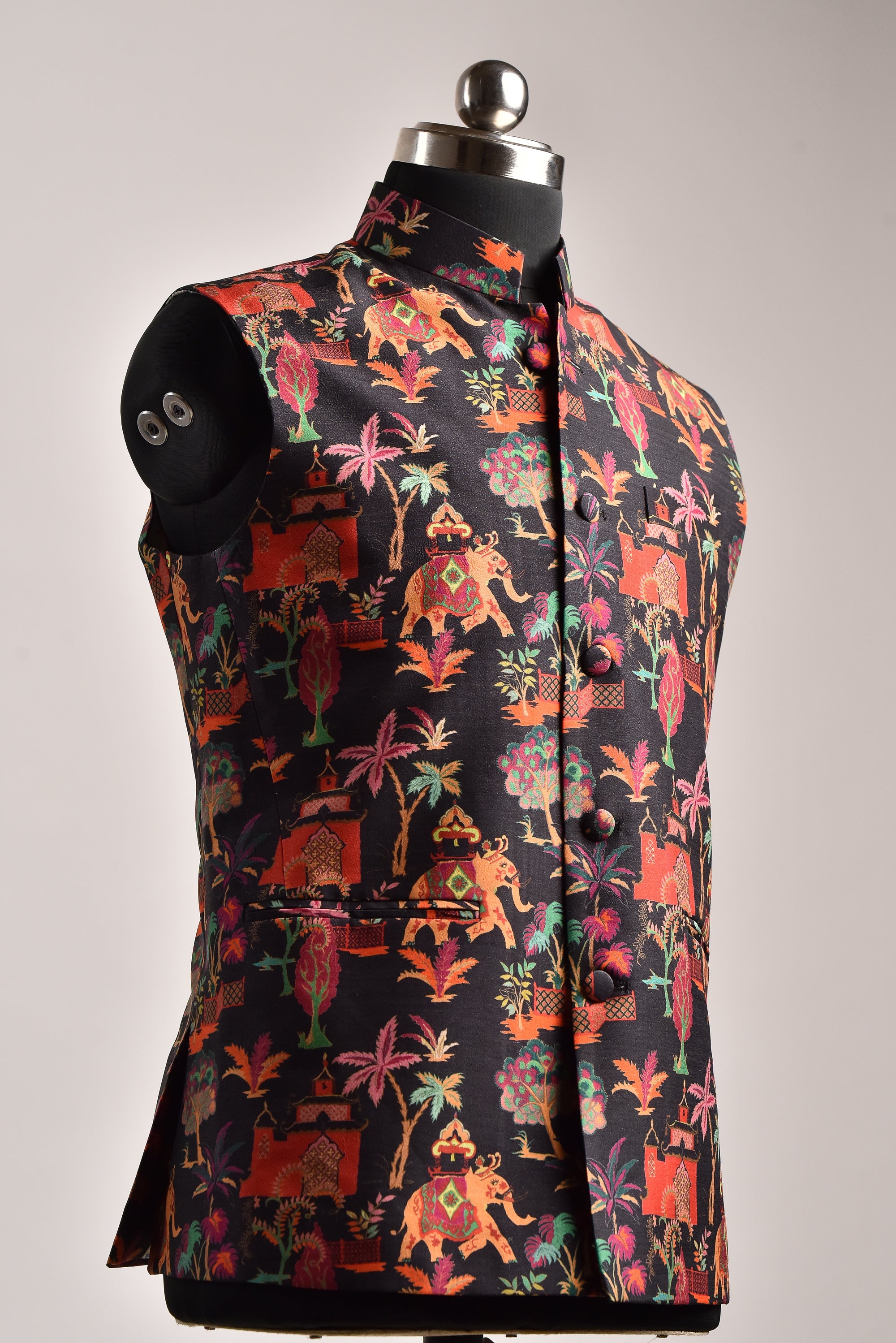 Designer silk bandi for men featuring vibrant multi-color floral patterns on a stylish black background