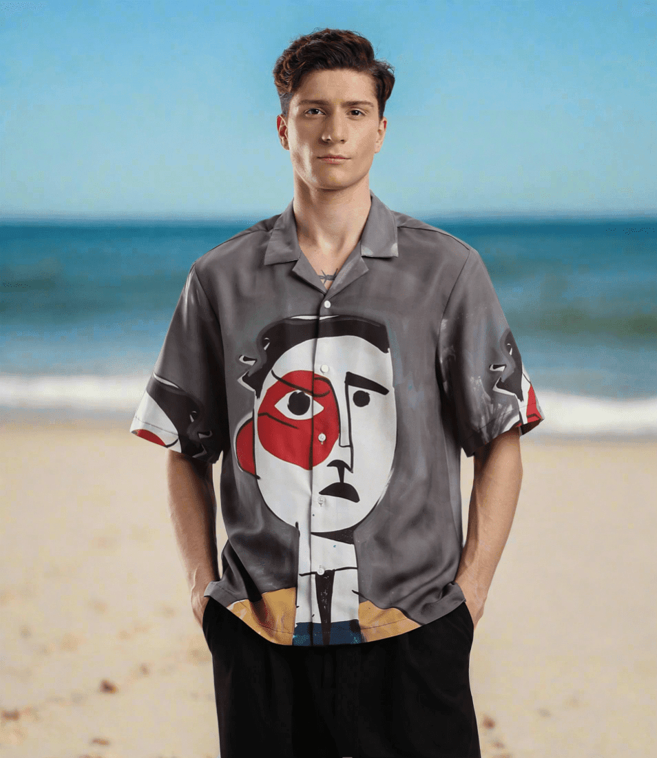 Stylera mens artistic printed resort shirt gray camp collar with large abstract face print on beach