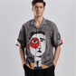 Stylera mens gray short sleeve button up shirt with bold abstract face print artistic printed resort shirt