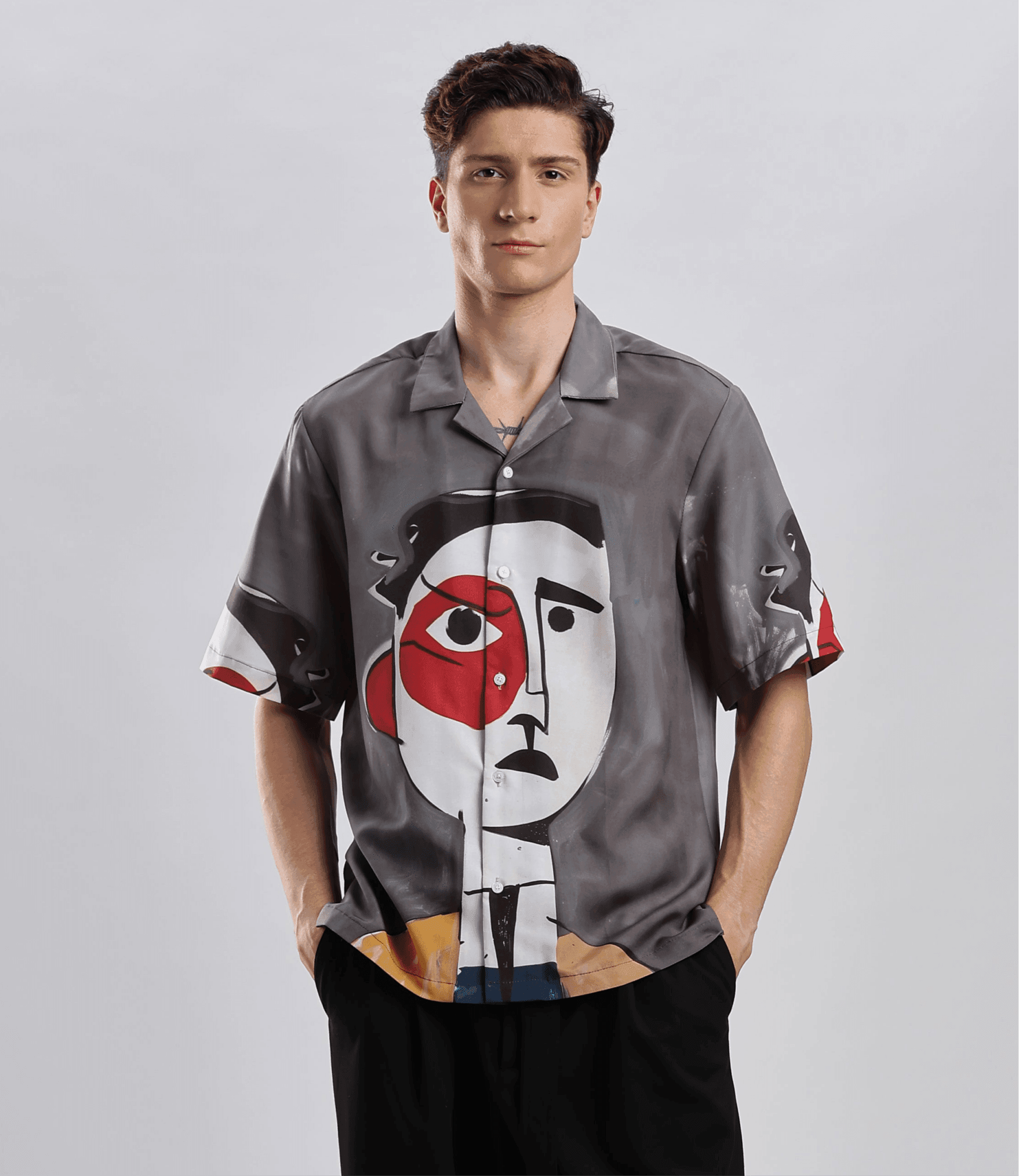 Stylera mens gray short sleeve button up shirt with bold abstract face print artistic printed resort shirt