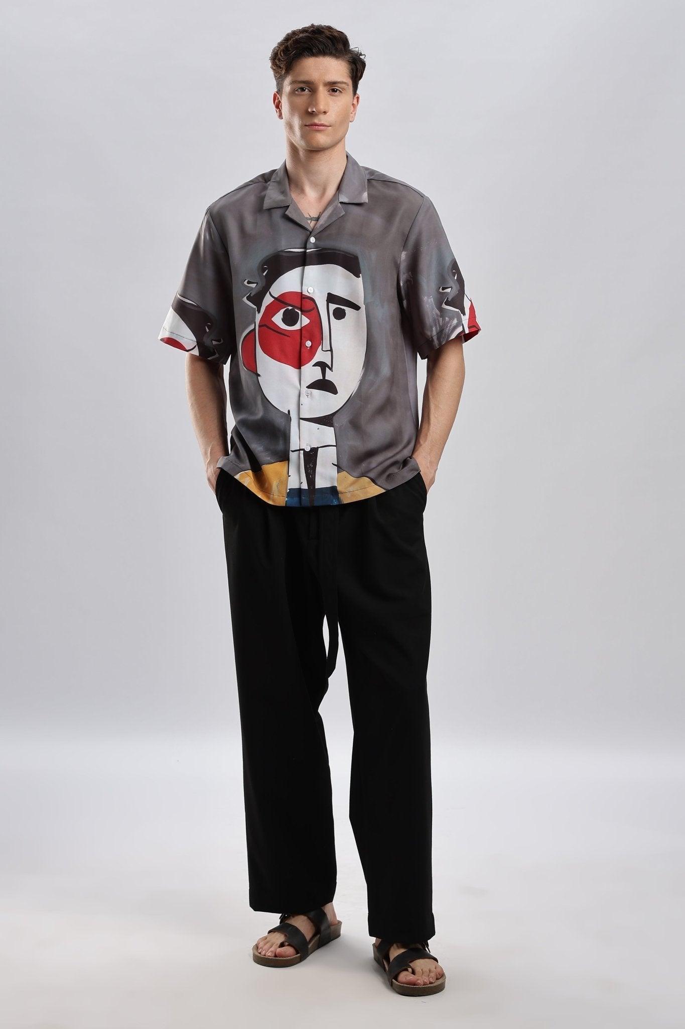 Stylera artistic printed resort shirt gray abstract face print lightweight short sleeve casual wear