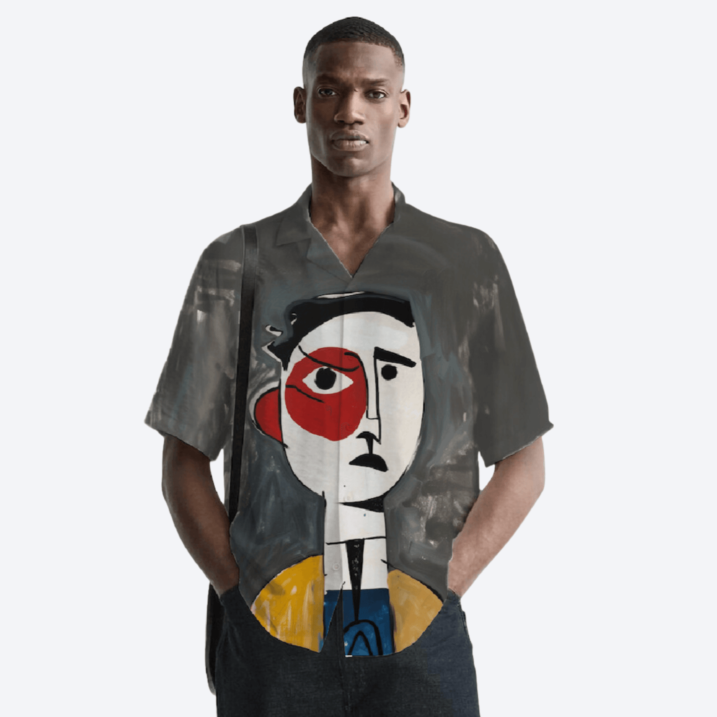 Stylera mens artistic printed resort shirt featuring large abstract face art on charcoal button down