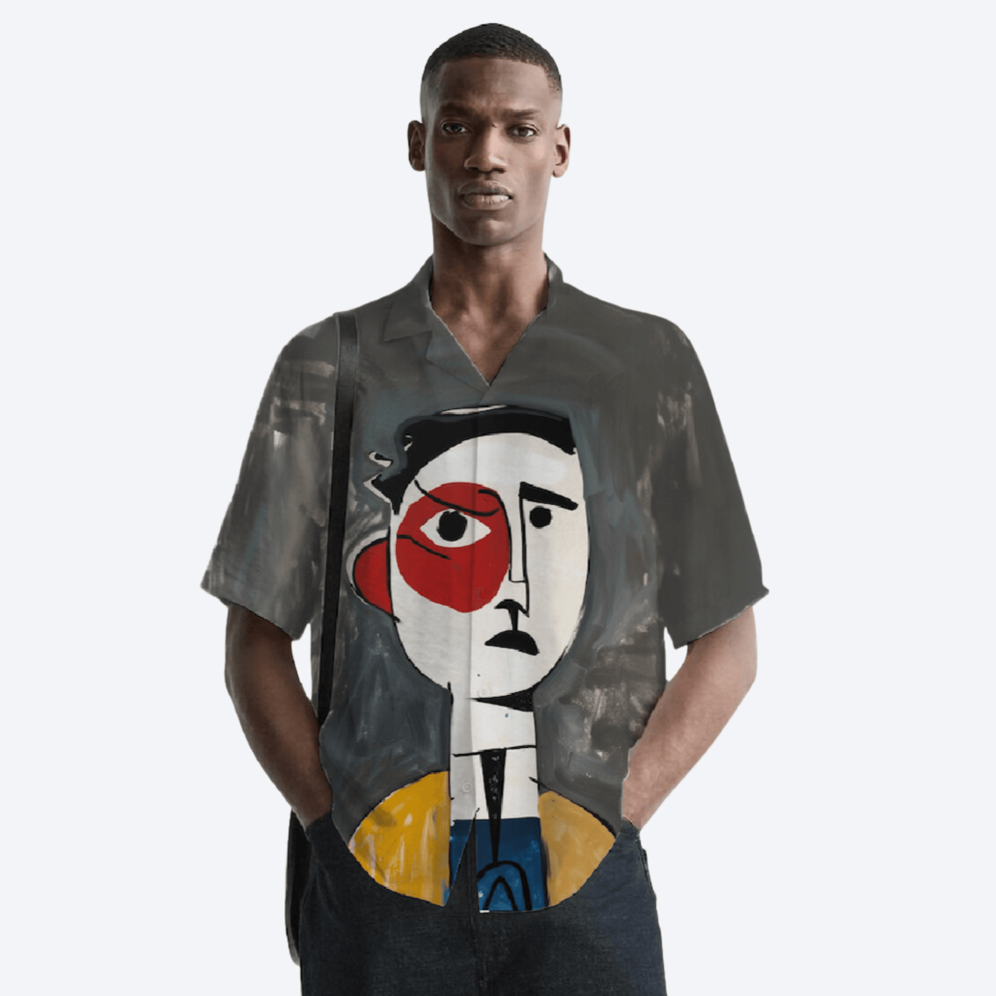 Stylera mens artistic printed resort shirt featuring large abstract face art on charcoal button down