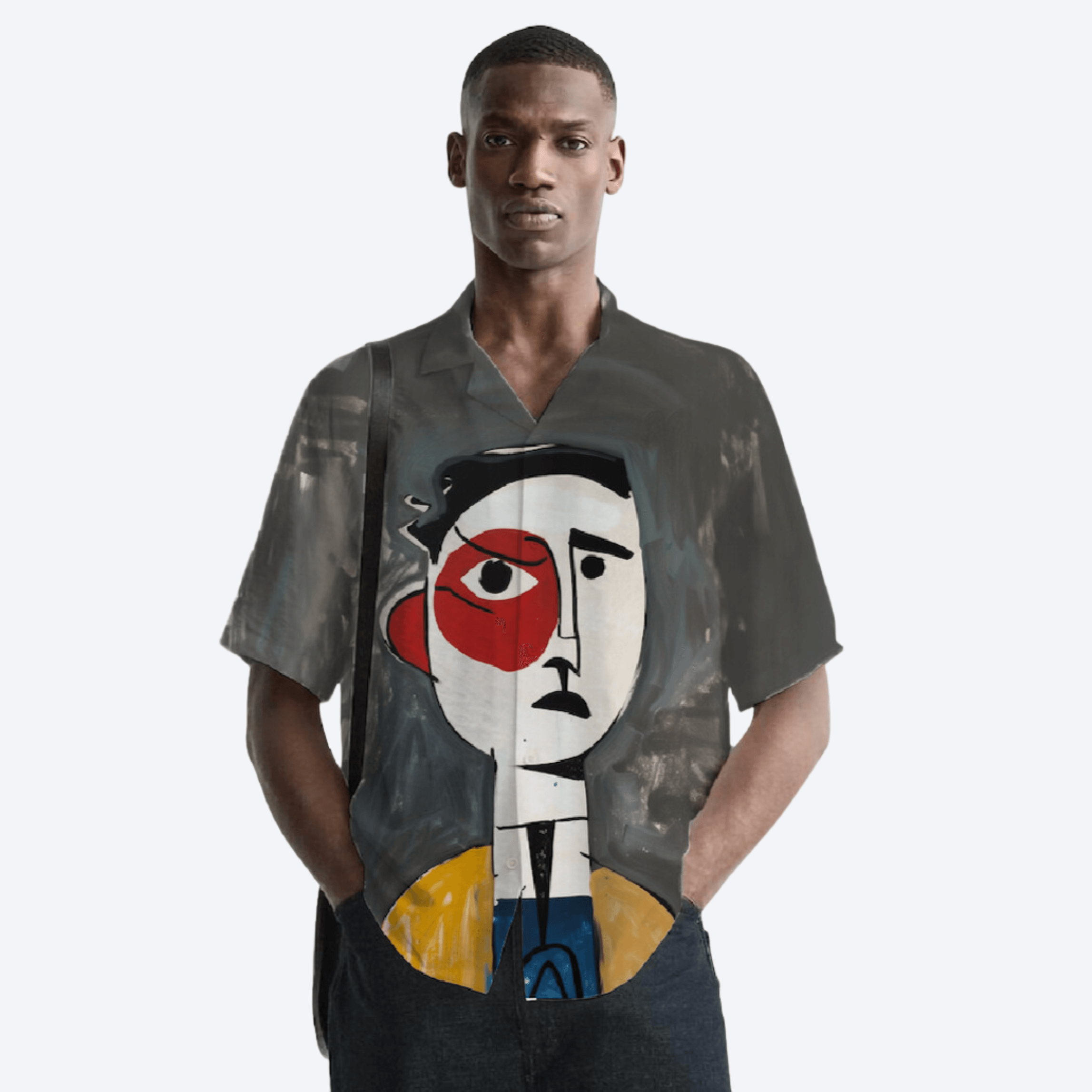 Stylera mens artistic printed resort shirt featuring large abstract face art on charcoal button down