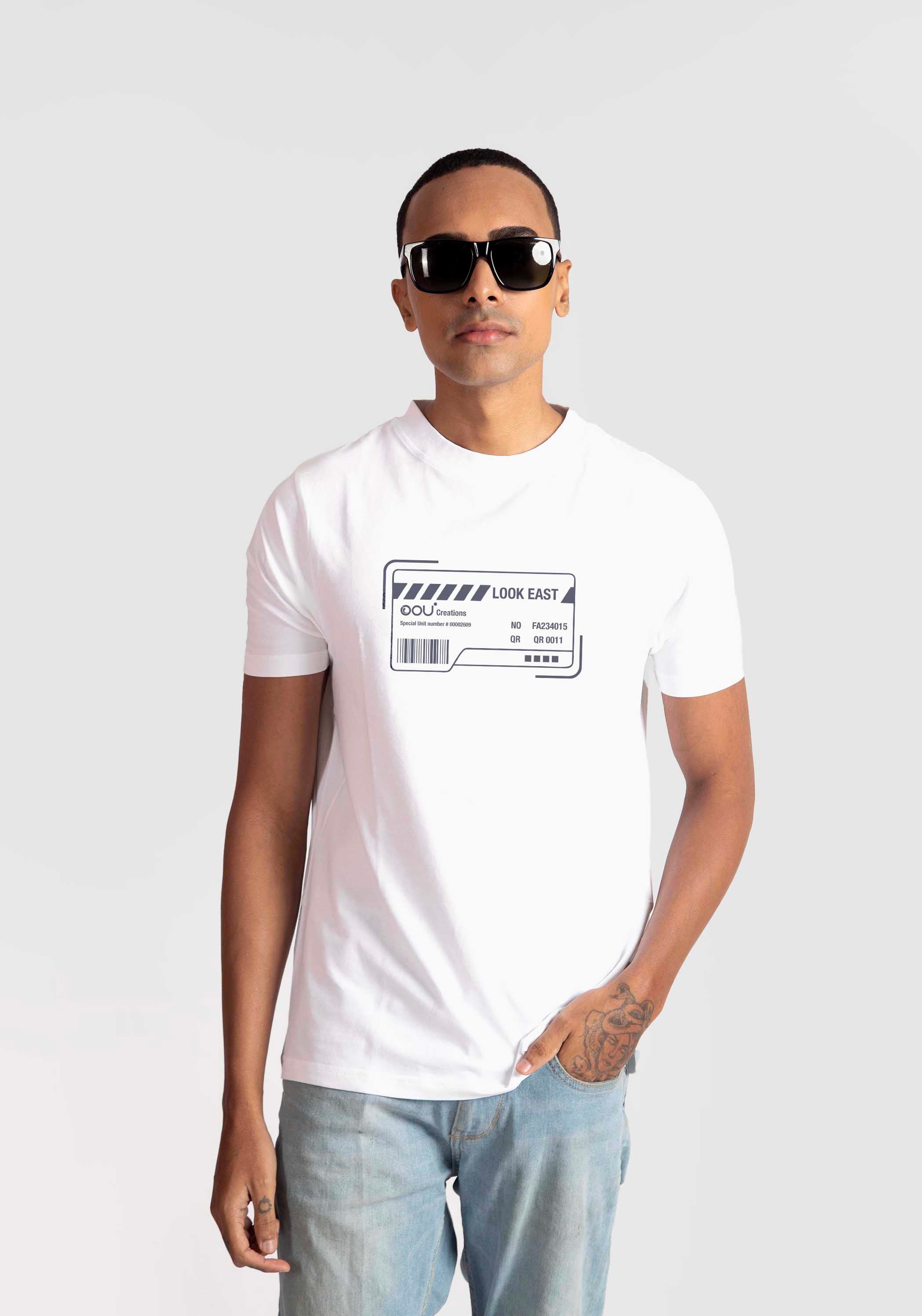 Stylera white regular fit t-shirt with graphic print worn by male model with sunglasses