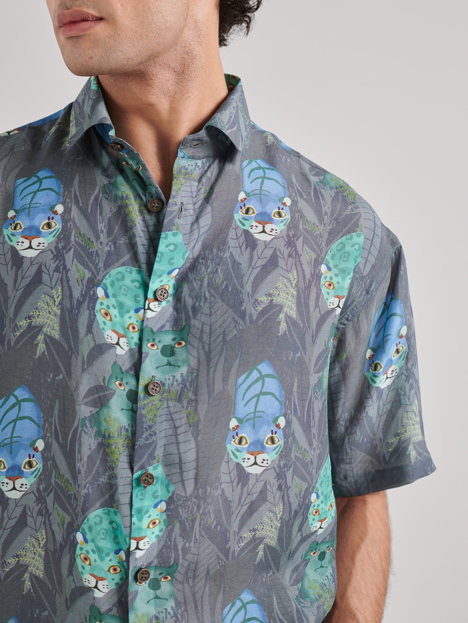 Men's drop shoulder shirt for men featuring a unique cat print design in vibrant colors
