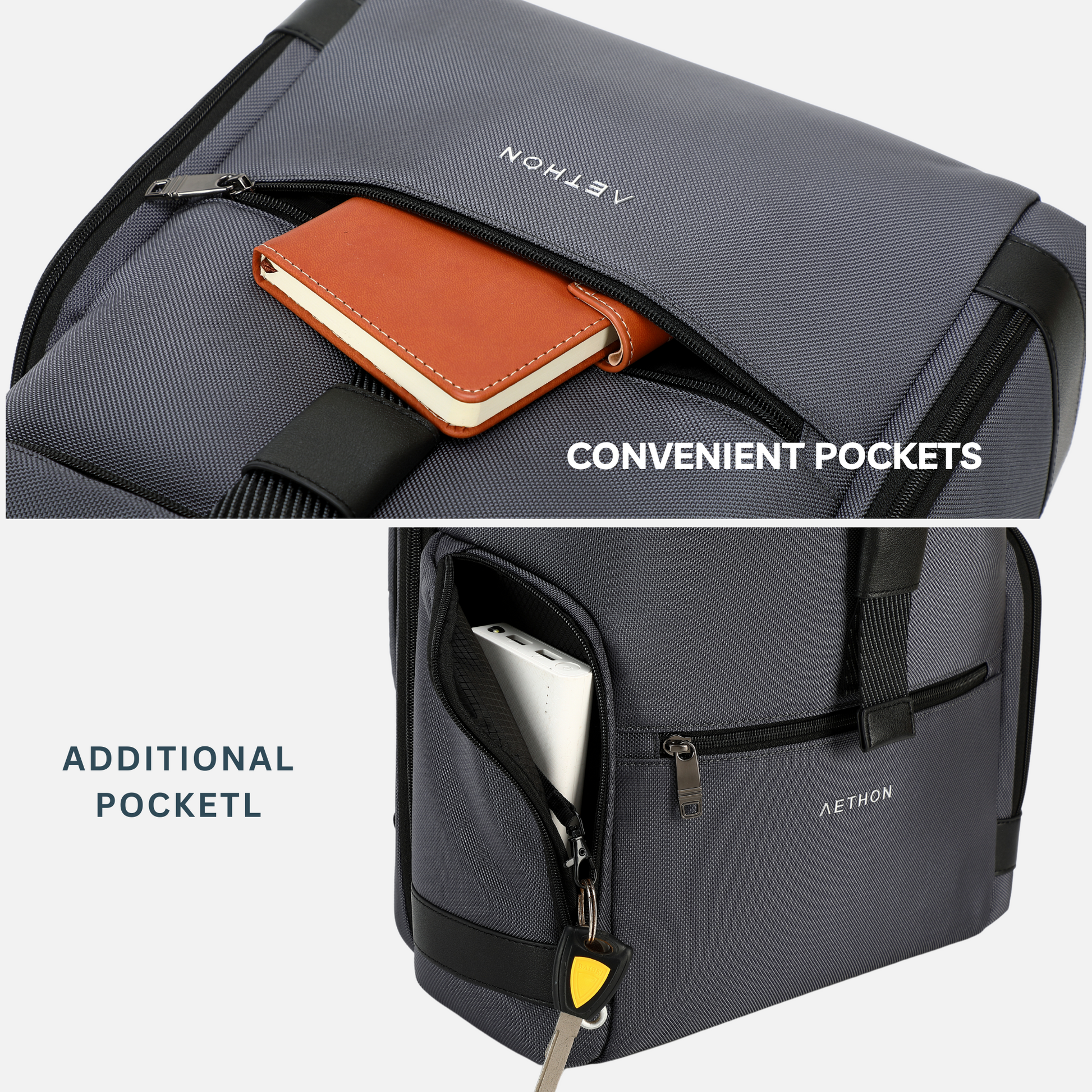 Stylera gray backpack showing front and side pockets with a notebook and power bank durable laptop backpack for travel