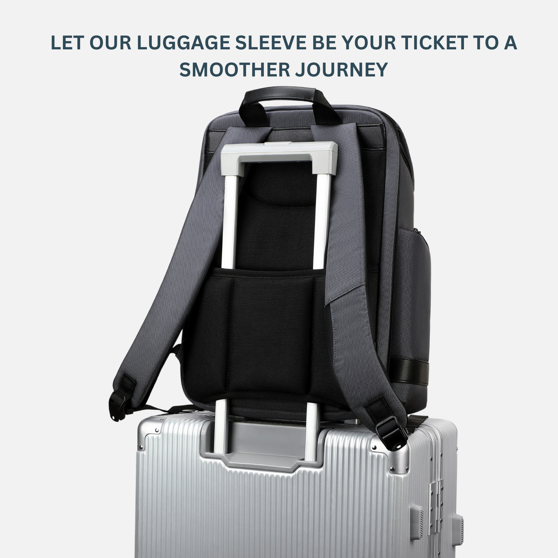 Stylera durable laptop backpack for travel with padded back panel luggage sleeve on silver suitcase