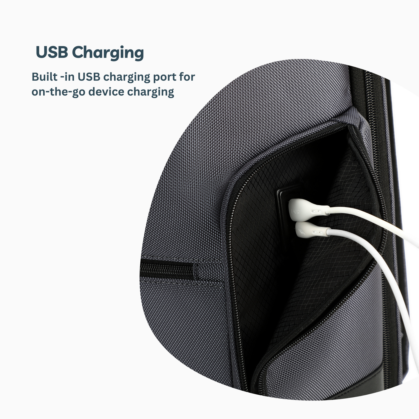 Stylera durable laptop backpack for travel showing external zip pocket with built in USB charging port and white cable