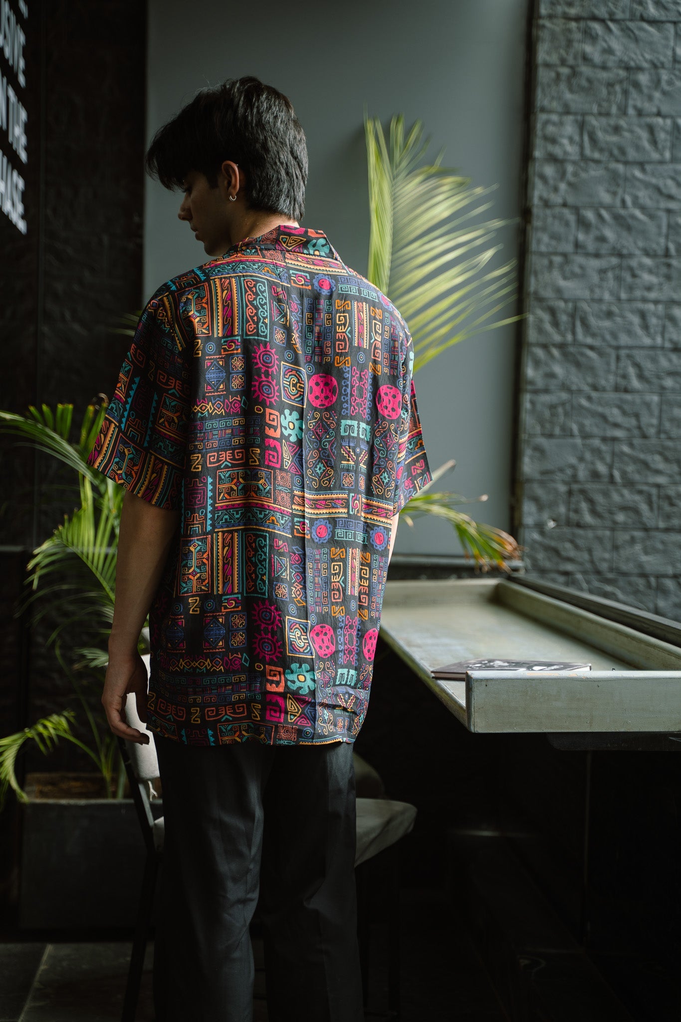 Earthy print oversized shirt for men with vibrant patterns and relaxed fit, perfect for casual wear
