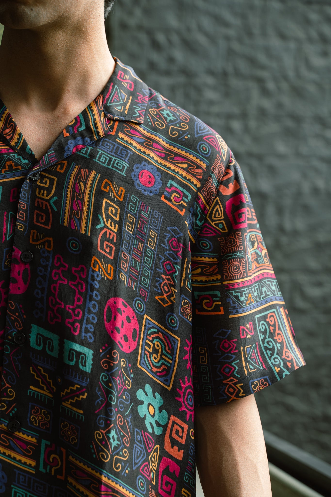 Earthy print oversized shirt for men featuring vibrant tribal patterns and a relaxed fit