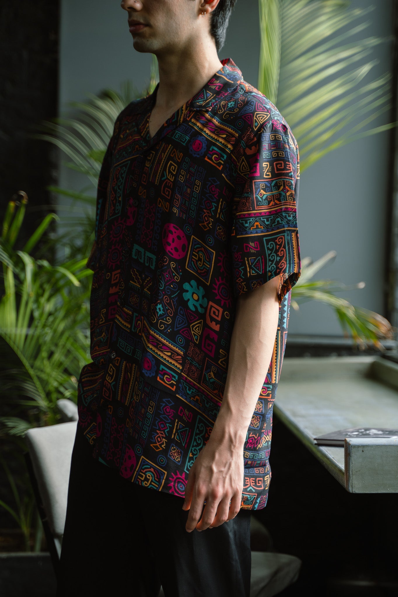 Earthy print oversized shirt for men by Stylera with vibrant patterns and relaxed fit