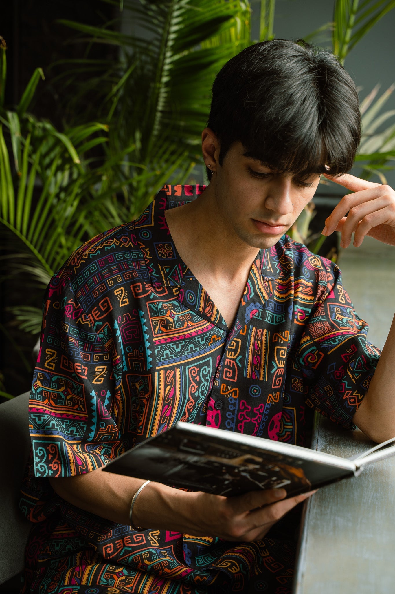 Earthy print oversized shirt for men, featuring vibrant patterns and a relaxed fit, ideal for casual wear