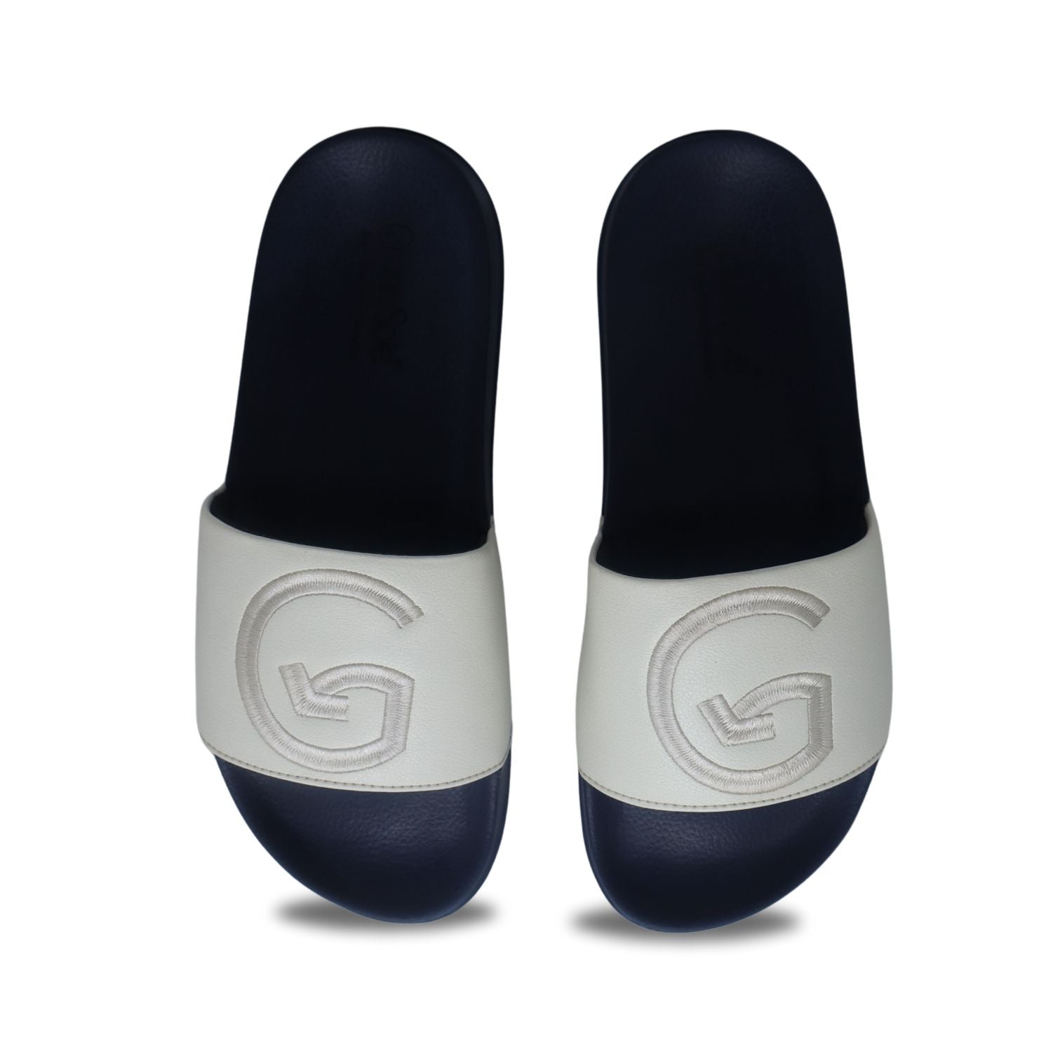 White and navy eco-friendly mens footwear slide sandals with logo for casual comfort