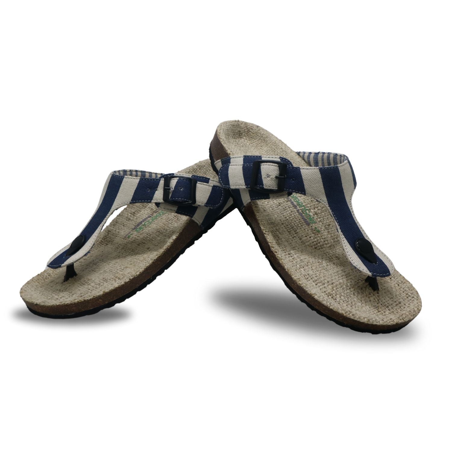 Eco-friendly men's footwear sandals with blue and white striped design and adjustable straps
