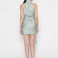 Stylera elegant asymmetrical dress for women in light green satin with high neck back view