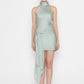 Stylera elegant asymmetrical dress for women in light green with high neckline and draped detail
