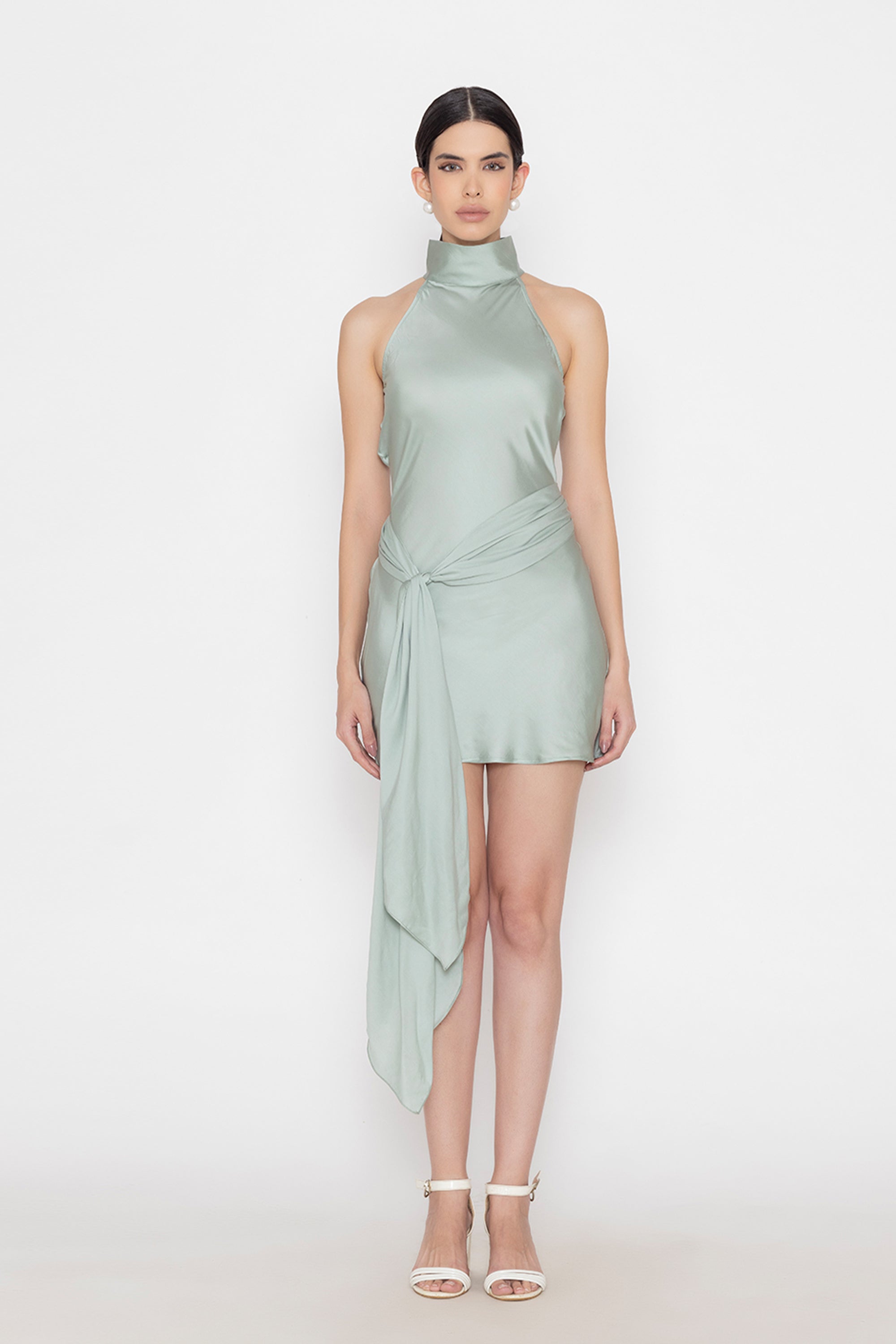 Stylera elegant asymmetrical dress for women in light green with high neckline and draped detail