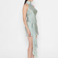 Stylera elegant asymmetrical dress for women in light green satin with high neck and side tie detail