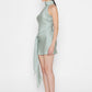 Stylera elegant asymmetrical dress for women in light green satin with high neck and side drape