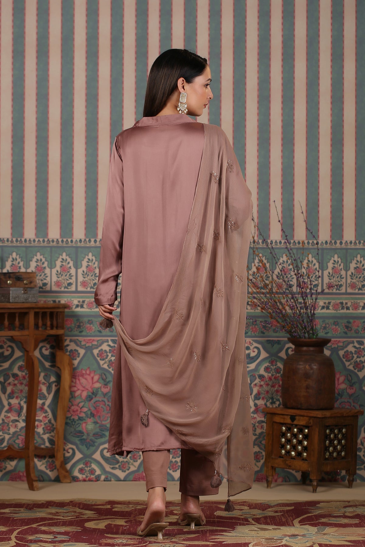 Elegant long kurta with dupatta in soft mauve color, featuring a stylish back design and delicate embroidery
