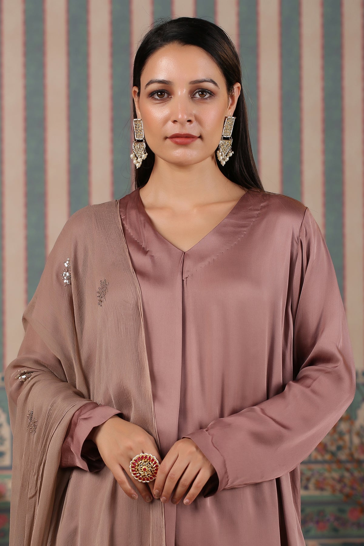 Elegant long kurta with dupatta in soft mauve fabric, perfect for festive occasions and casual wear