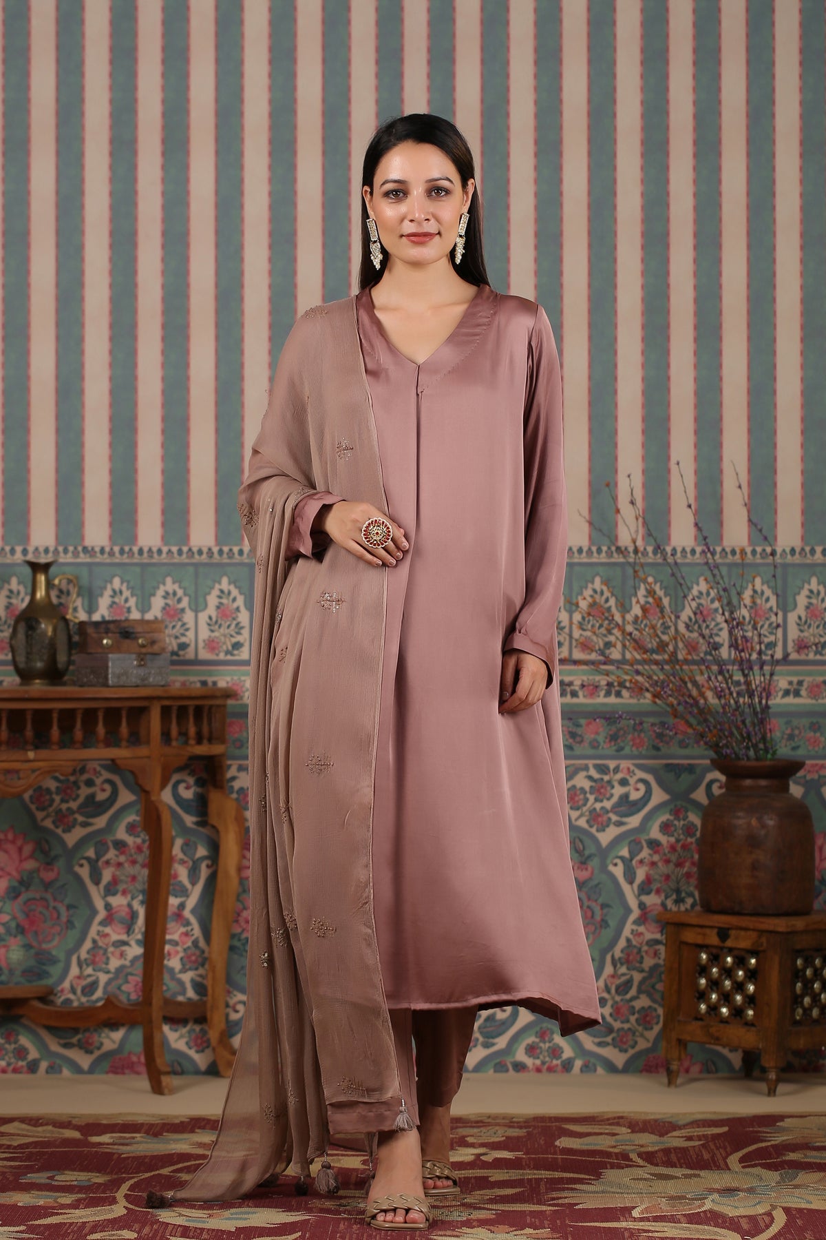 Elegant long kurta with dupatta in soft mauve color, perfect for formal occasions and festive wear