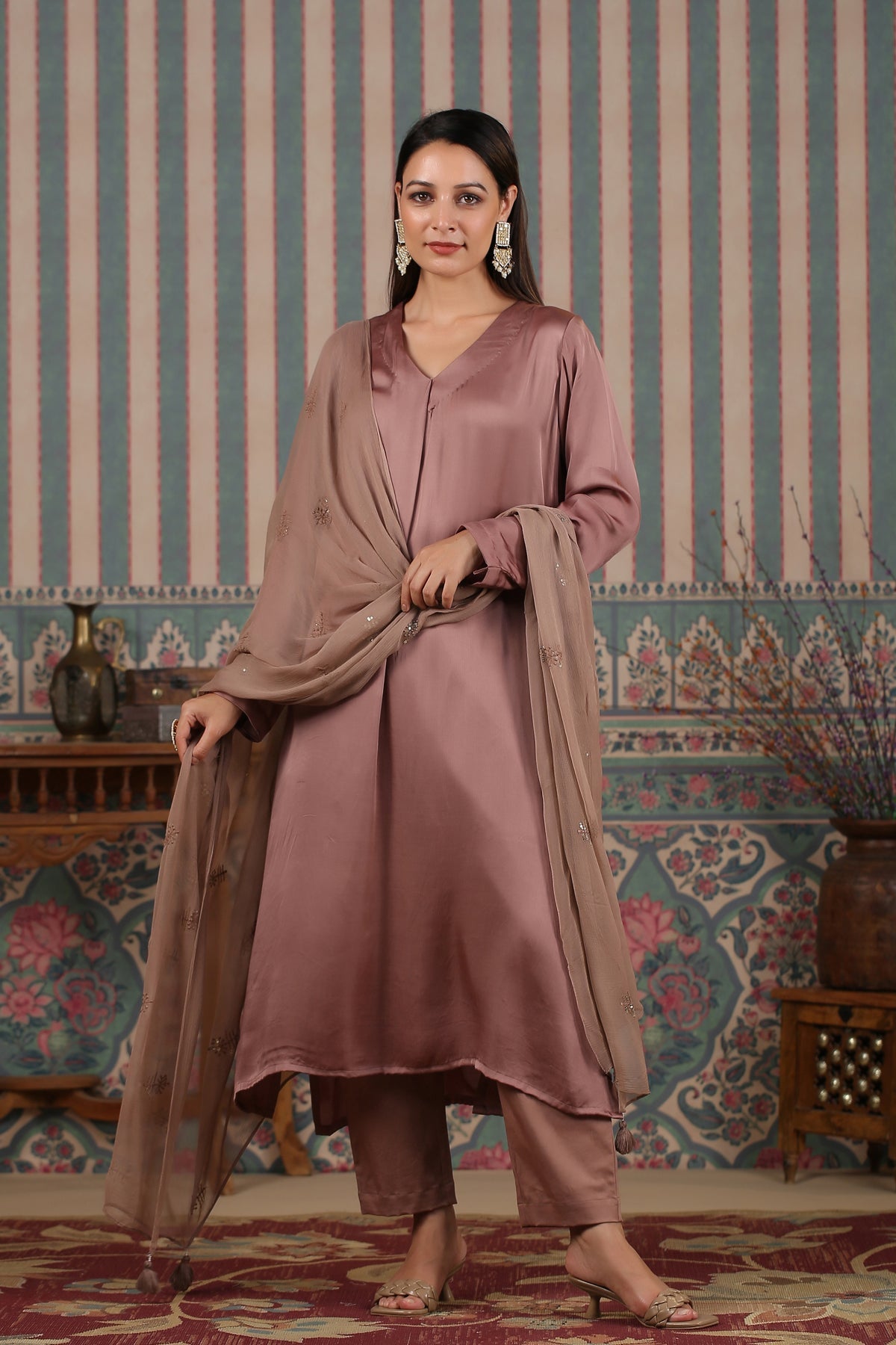 Elegant long kurta with dupatta in soft mauve color, paired with matching palazzo pants