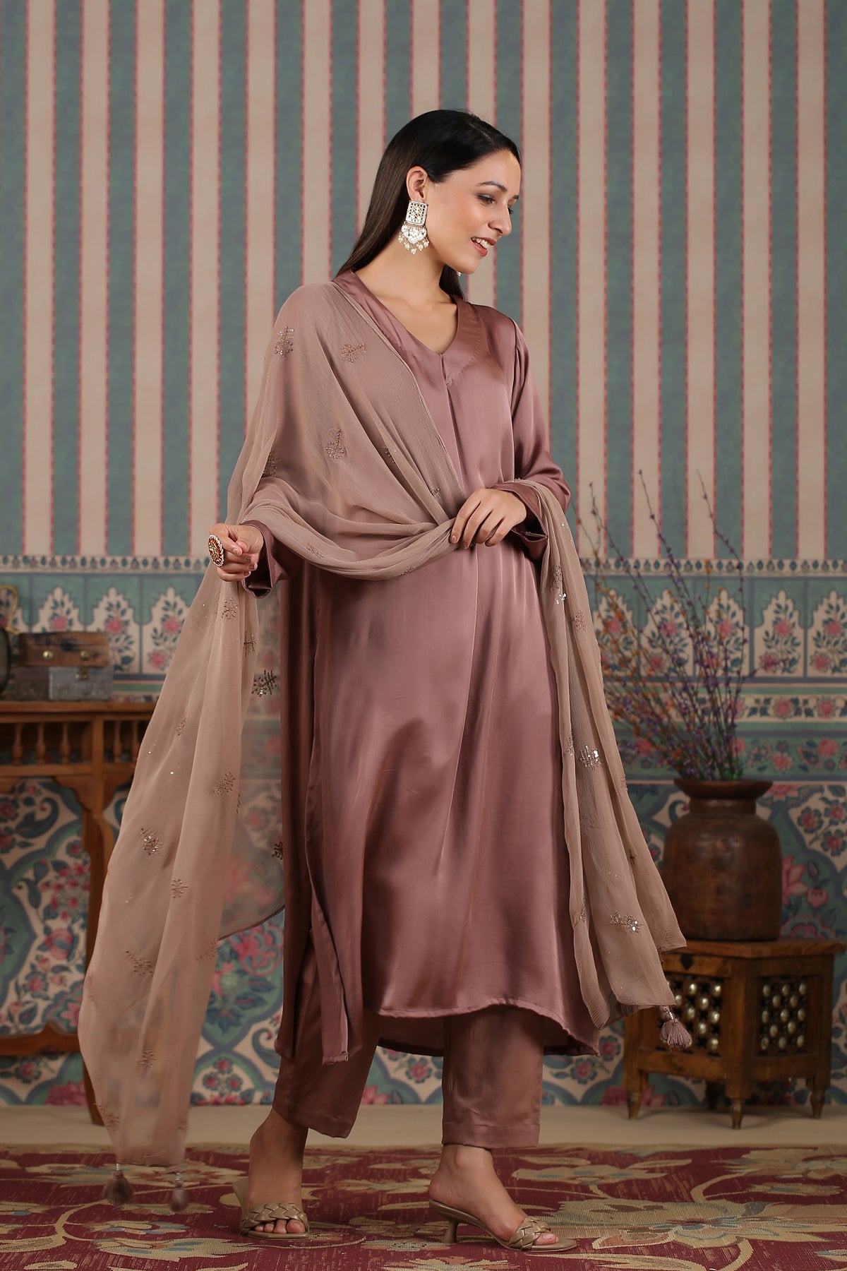Elegant long kurta with dupatta in dusty rose color, featuring a soft sheen perfect for special occasions