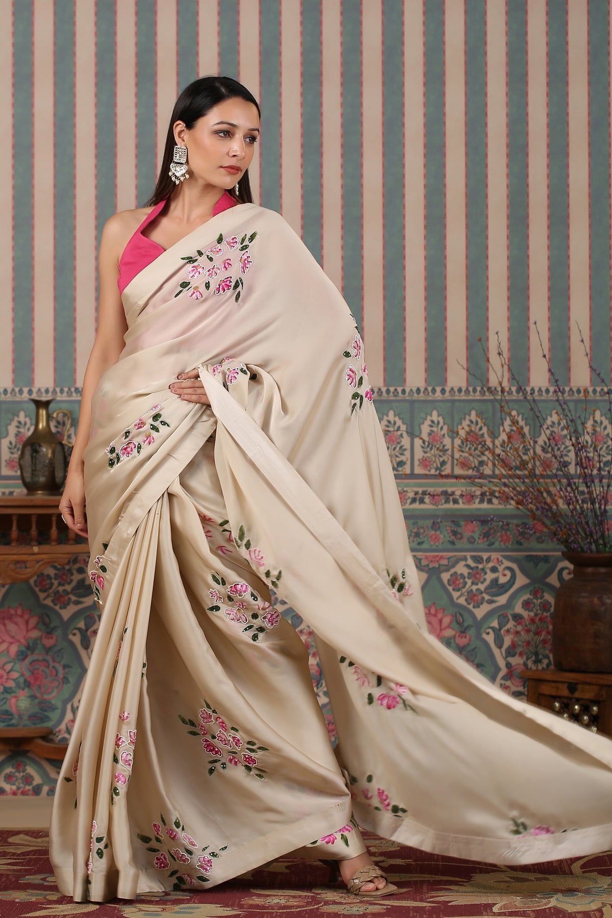 Elegant party wear saree in beige with floral embroidery perfect for festive occasions