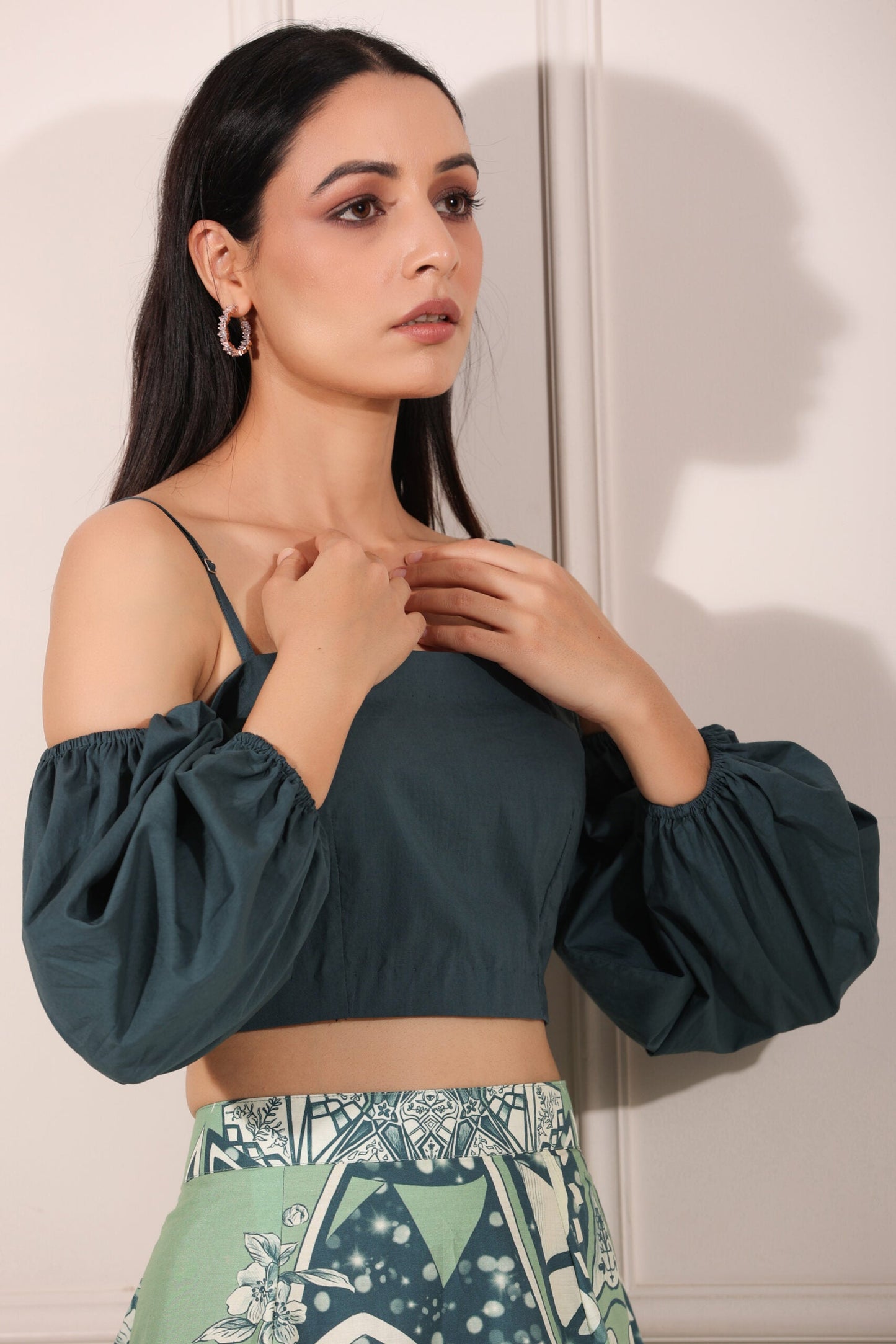Ethnic crop top and skirt set featuring puff sleeves and a stylish printed skirt