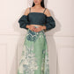 Stylish ethnic crop top and skirt set featuring a green skirt with artistic prints and a chic cropped top