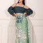 Elegant ethnic crop top and skirt set featuring a dark green crop top and patterned flowy skirt