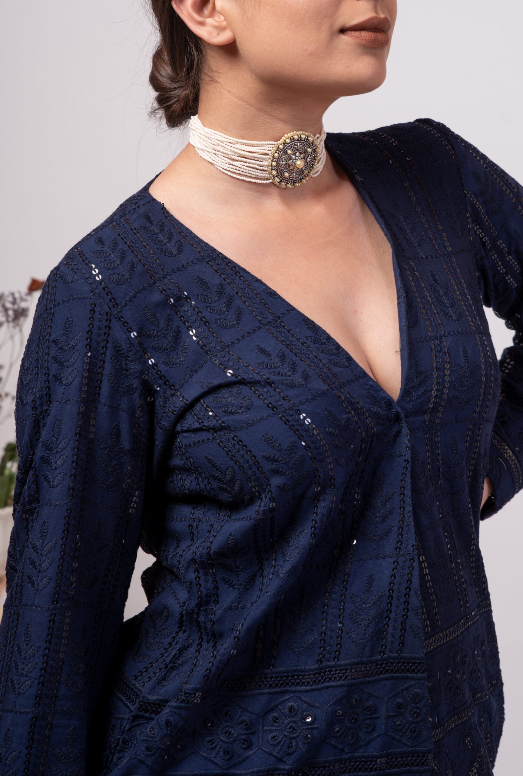 Navy blue ethnic jacket for casual wear with intricate embroidery and a stylish neckline