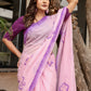 Elegant pink exclusive designer saree for parties with floral patterns and purple accents
