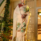 Elegant model wearing an exclusive handmade Indian saree adorned with floral patterns and rich colors