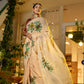 Elegant model wearing an exclusive handmade Indian saree with floral embroidery, perfect for festive occasions