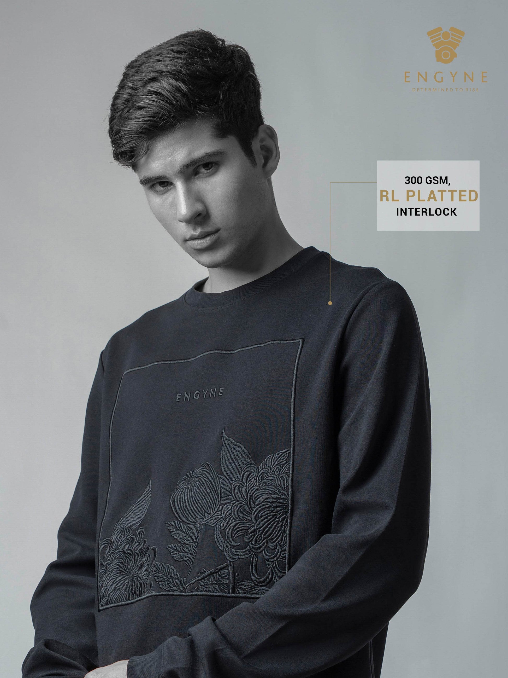 Crew Neck Black Sweatshirt with Floral Chest Embroidery for Men
