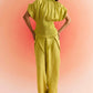 Stylera green smocked top with high neck and loose sleeves paired with matching wide-leg pants