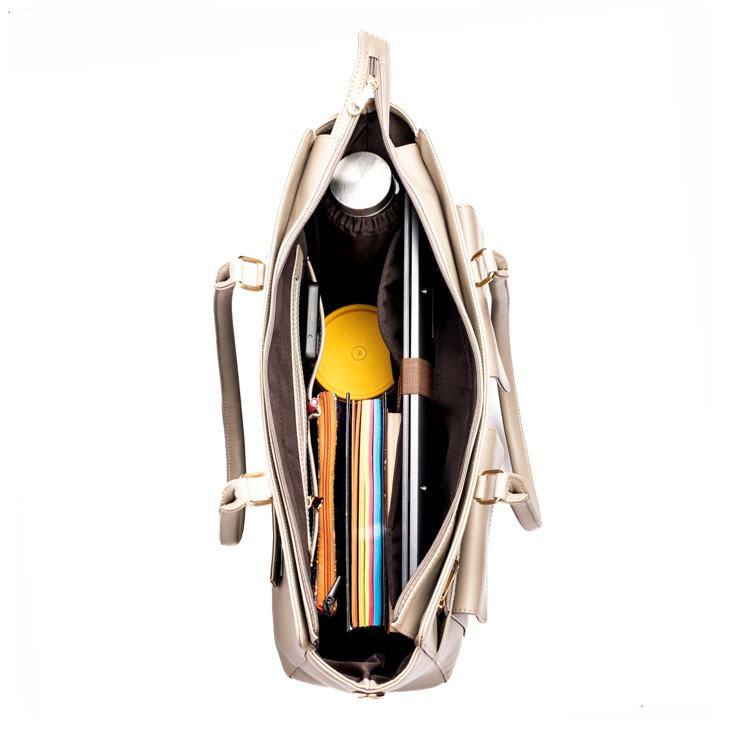 Inside view of a fashionable laptop tote bag with compartments for organization and storage